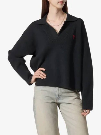 De Coeur Small Heart Logo Polo Knit Top Black - AMI - BALAAN 2