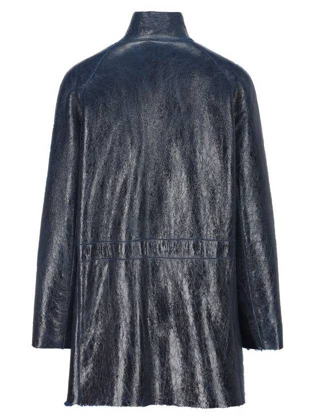 High Neck Leather Jacket Dark Blue - FENDI - BALAAN 3