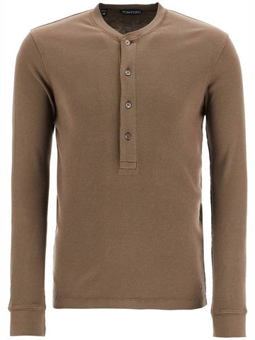 henley t-shirt in moss green modal cotton with mother-of-pearl buttons - TOM FORD - BALAAN 1