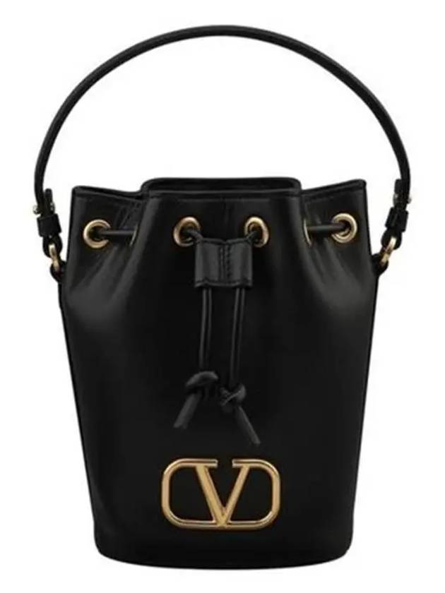 Signature V Logo Leather Small Bucket Bag Black - VALENTINO - BALAAN 2