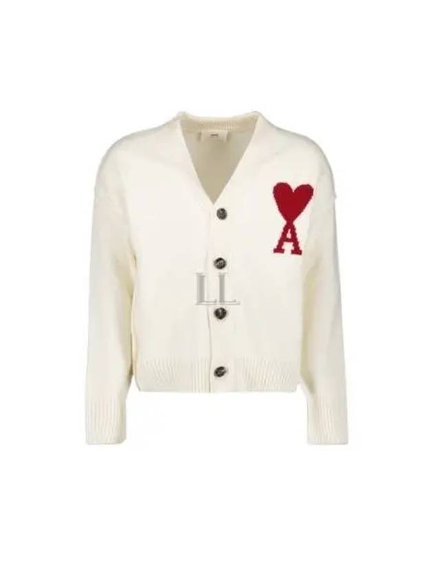 Heart Logo V Neck Wool Cardigan Off White - AMI - BALAAN 2