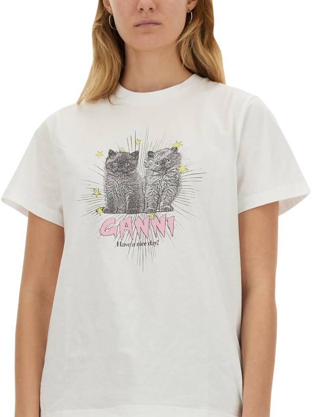 Relax Fit Basic Kitten Short Sleeved T-Shirt White - GANNI - BALAAN 5