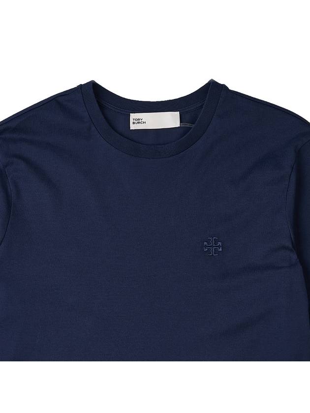 Embroidered Logo Cotton Short Sleeve T-Shirt Navy - TORY BURCH - BALAAN 4