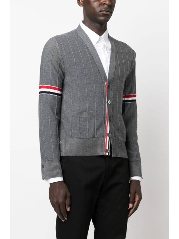 RWB V-neck Striped Virgin Wool Cardigan Grey - THOM BROWNE - BALAAN 5