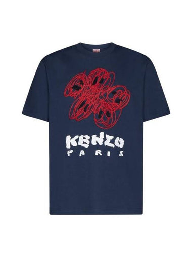 Drawn Varsity Embroidered Classic Cotton T-Shirt Midnight Blue - KENZO - BALAAN 1