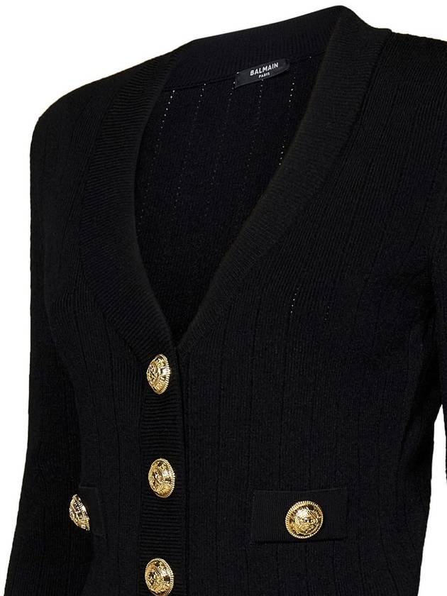 Button V-Neck Rib Knit Cardigan Black - BALMAIN - BALAAN 4