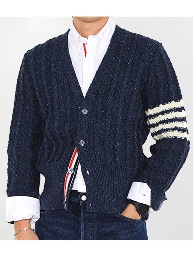 Donegal Twist Cable 4 Bar Classic V Neck Cardigan Blue - THOM BROWNE - BALAAN 2