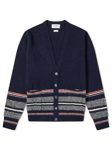 Seasonal Jacquard Striped V-neck Cardigan Navy - THOM BROWNE - BALAAN 1