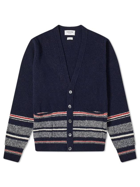 Seasonal Jacquard Striped V-neck Cardigan Navy - THOM BROWNE - BALAAN 1