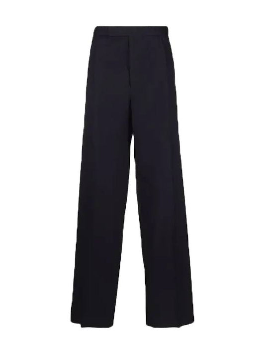 Wool Pique Shooting Single Pleated Straight Pants Navy - THOM BROWNE - BALAAN.