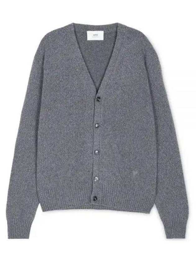 Heart Logo V Neck Cashmere Cardigan Heather Grey - AMI - BALAAN 2