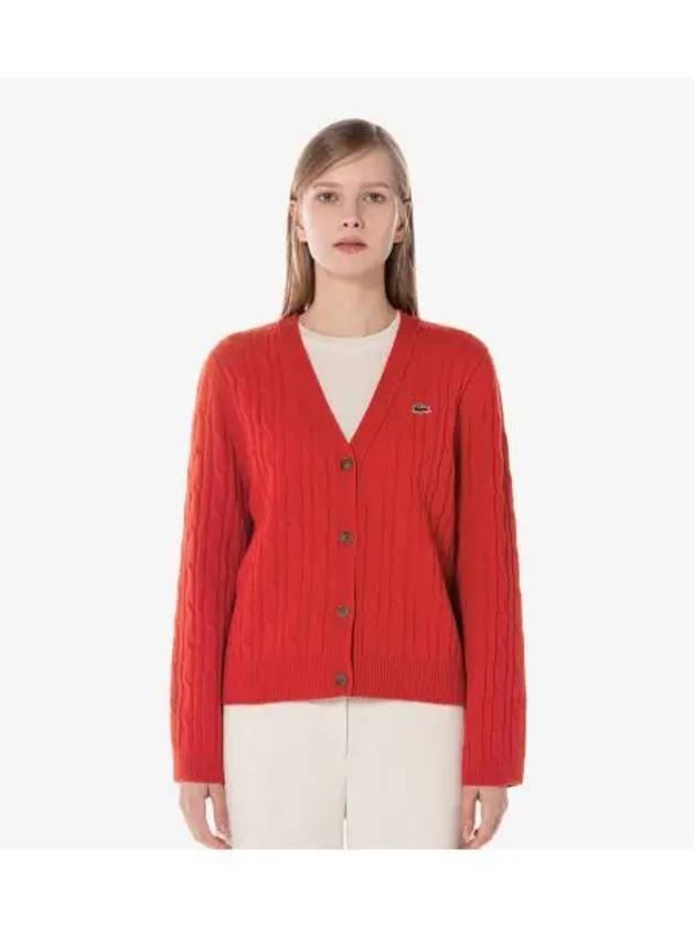 Women s Cable V neck Cardigan Red - LACOSTE - BALAAN 1