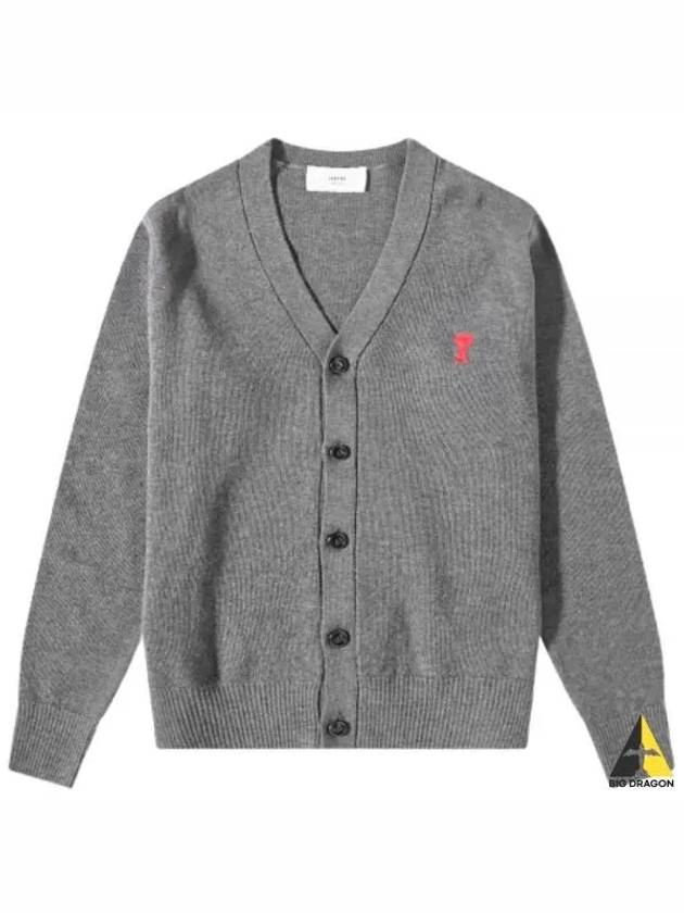 Small Heart Logo Wool Merino Cardigan Grey - AMI - BALAAN 2