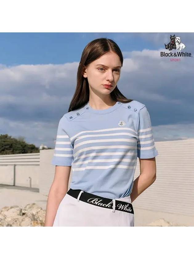 Striped button point short sleeve sweater 2714LZKRSKY BLUE - BLACK&WHITE - BALAAN 1