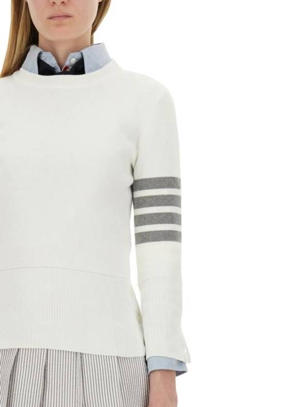 Milano Stitch Crewneck 4-Bar Cotton Crepe Knit Top White - THOM BROWNE - BALAAN 5