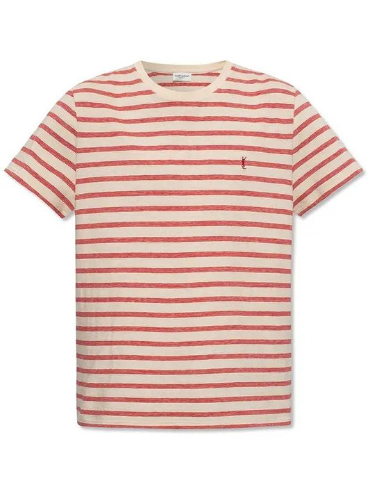 Monogram Stripe Short Sleeve T-Shirt Red Ivory - SAINT LAURENT - BALAAN 1