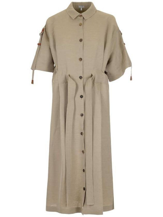 Shirt Linen Belted Midi Dress Beige - LOEWE - BALAAN 1