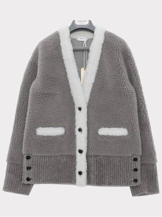 Women's Shearling Contrast Trim V-Neck Cardigan Medium Gray - THOM BROWNE - BALAAN 2