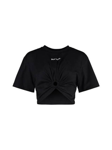 Embroidered Logo Cut-Out Detailed Short Sleeve T-Shirt Black - PALM ANGELS - BALAAN 1