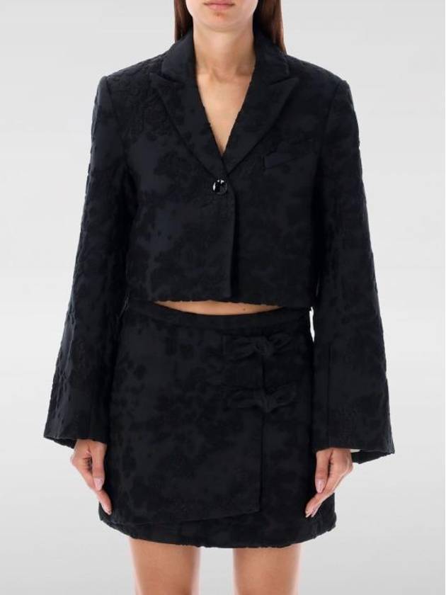 Boucle Jacquard Crop Blazer Jacket Black - GANNI - BALAAN 2