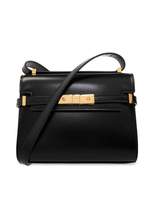 Manhattan Mini Embossed Gold-Tone Logo Leather Cross Bag Black - SAINT LAURENT - BALAAN 1