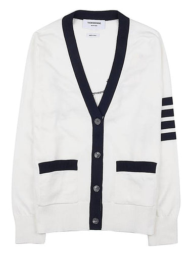 Cotton Hector Pointelle 4-Bar V-Neck Cardigan White - THOM BROWNE - BALAAN 1