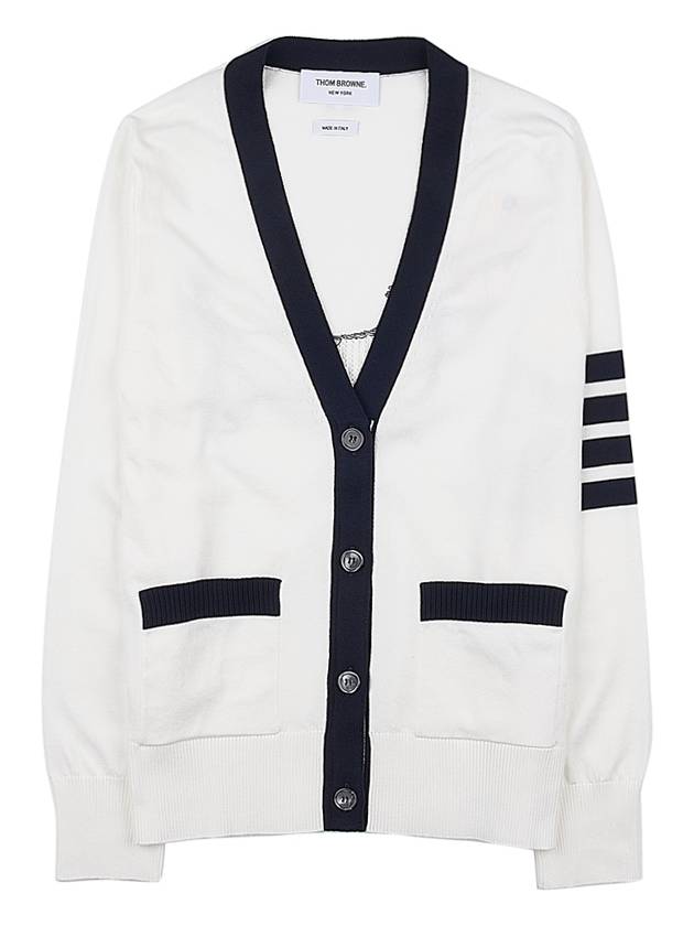 Cotton Hector Pointelle 4-Bar V-Neck Cardigan White - THOM BROWNE - BALAAN 3