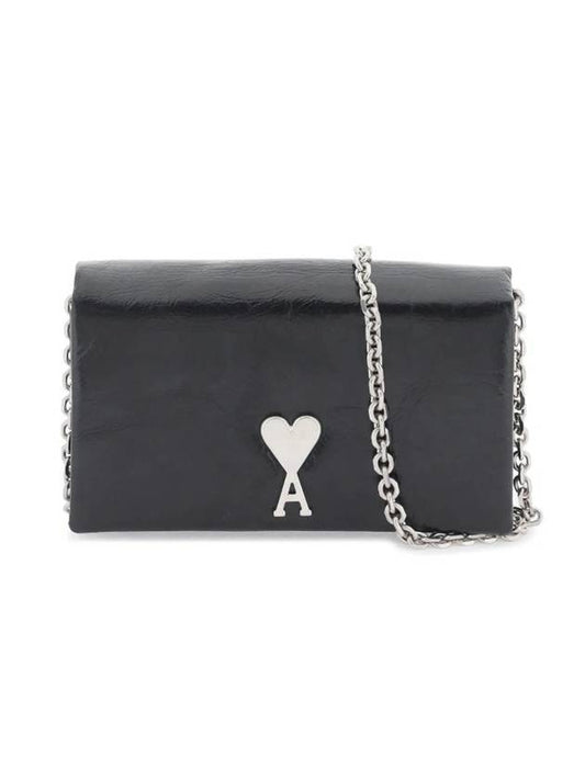 Heart Logo Plaque Leather Chain Long Wallet Black - AMI - BALAAN 1
