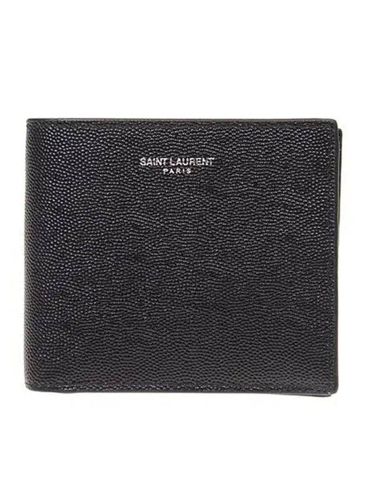 Classic Logo Textured Leather Half Wallet Black - SAINT LAURENT - BALAAN 2