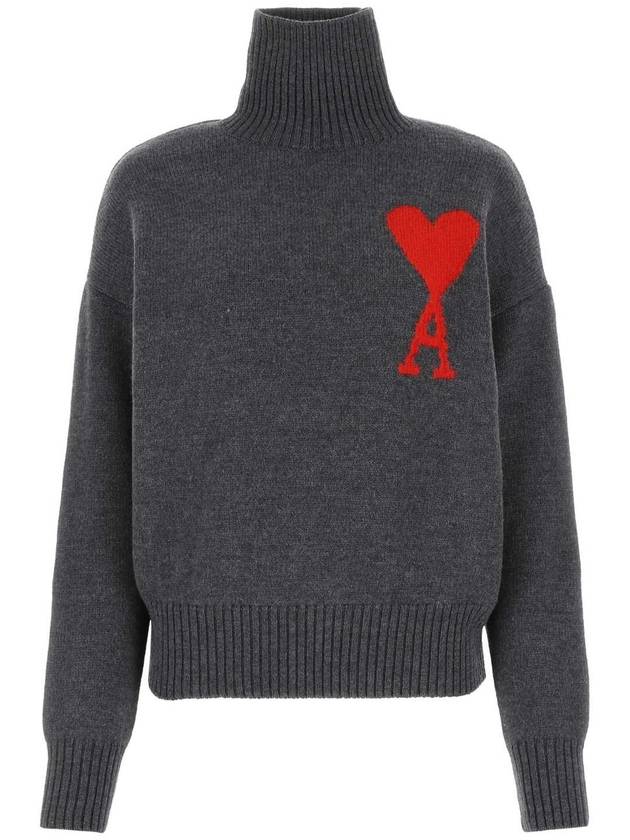 Big Heart Logo Wool Knit Turtleneck Grey - AMI - BALAAN 2