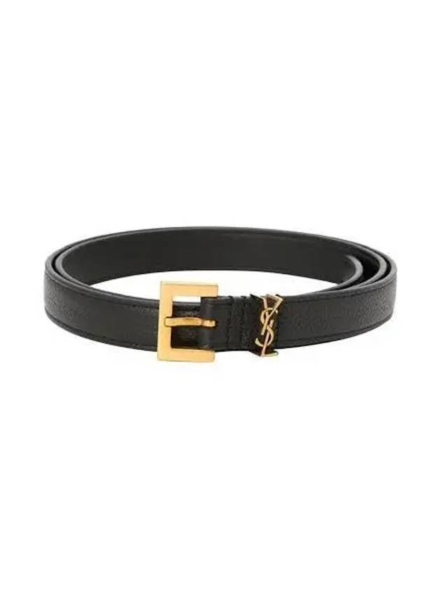 Cassandre Grained Leather Square Buckle Thin Belt Black - SAINT LAURENT - BALAAN 2