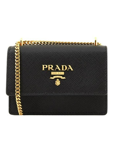 Saffiano Lettering Logo Chain Card Holder Mini Cross Bag Black - PRADA - BALAAN 1