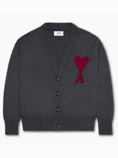 Heart Logo V Neck Wool Cardigan Heather Grey - AMI - BALAAN 2