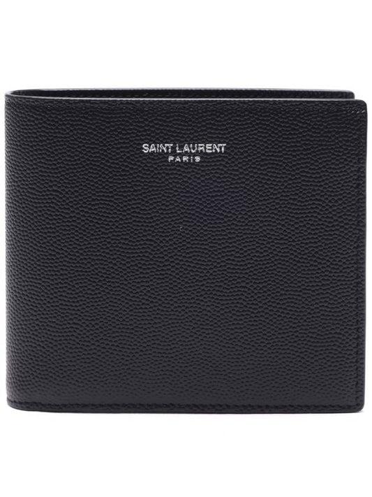 Classic Logo Textured Leather Half Wallet Black - SAINT LAURENT - BALAAN 2