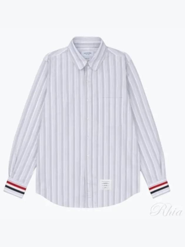 Three Stripes Cuff Striped Oxford Long Sleeve Shirt Medium Grey - THOM BROWNE - BALAAN 2