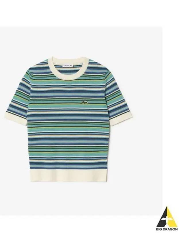 Women s Summer Striped Short Sleeve Sweater Polo Ocean Mix - LACOSTE - BALAAN 1