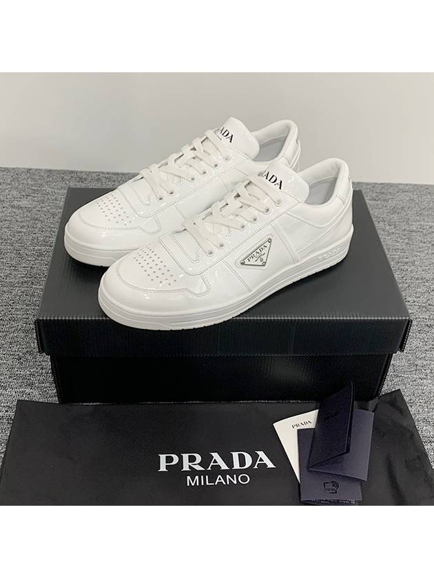 Men's Downtown Triangle Logo Leather Low Top Sneakers White - PRADA - BALAAN 3