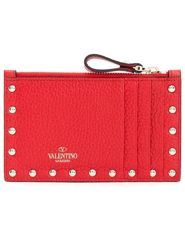 Rockstud Zipper Card Wallet Red - VALENTINO - BALAAN.