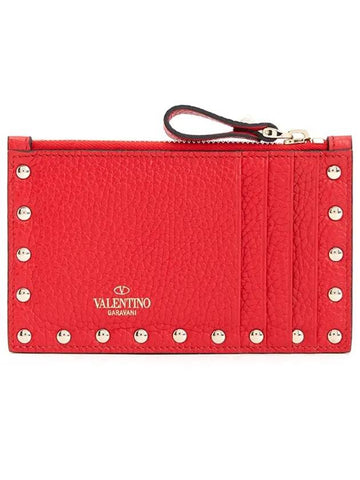 Rockstud Zipper Card Wallet Red - VALENTINO - BALAAN 1