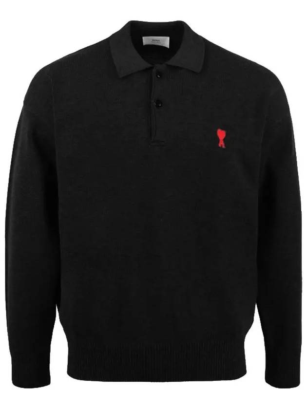 Small Heart Extra Fine Merino Wool Polo Shirt Black - AMI - BALAAN 2