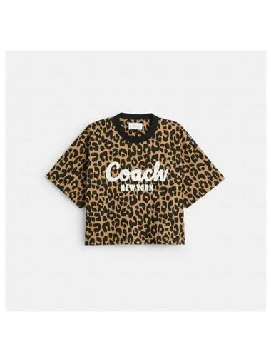 Leopard Cursive Signature Cropped Short Sleeve T-Shirt Beige - COACH - BALAAN 1