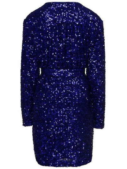 Mini Blue Wrap Dress With All-Over Sequins In Stretch Polyester Woman Rotate - ROTATE - BALAAN 2