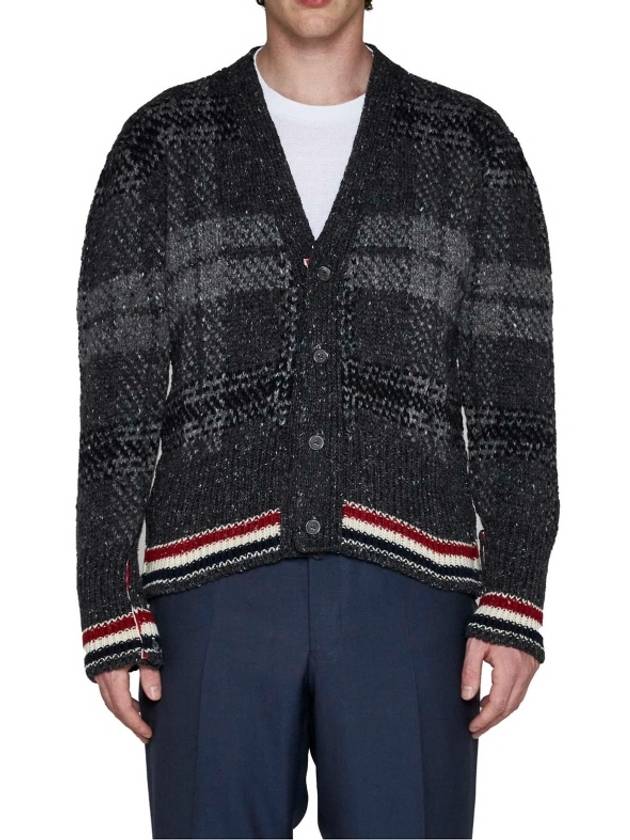 Donegal Tartan Stripe V-Neck Cardigan Grey - THOM BROWNE - BALAAN 3