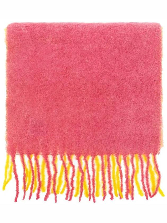 logo label mohair fringe muffler pink yellow - GANNI - BALAAN.