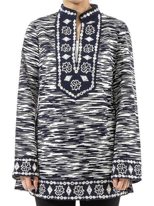 Women's Embroidered Cotton Long Sleeve Blouse Navy - TORY BURCH - BALAAN.