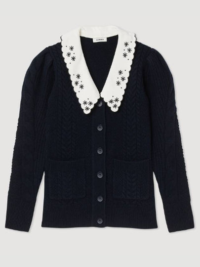 Embroidered Floral Wide Collar Cardigan Navy - SANDRO - BALAAN 2