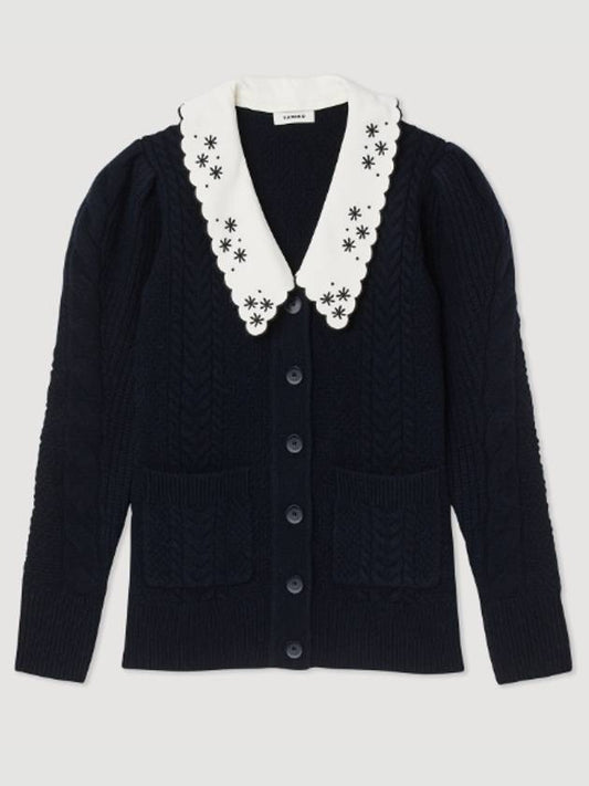 Embroidered Floral Wide Collar Cardigan Navy - SANDRO - BALAAN 2