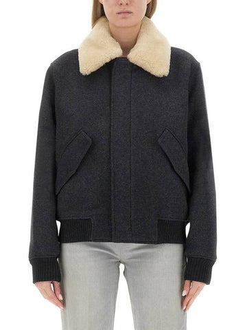 Shearling Collar Wool Zip-Up Jacket Heather Grey - AMI - BALAAN 1