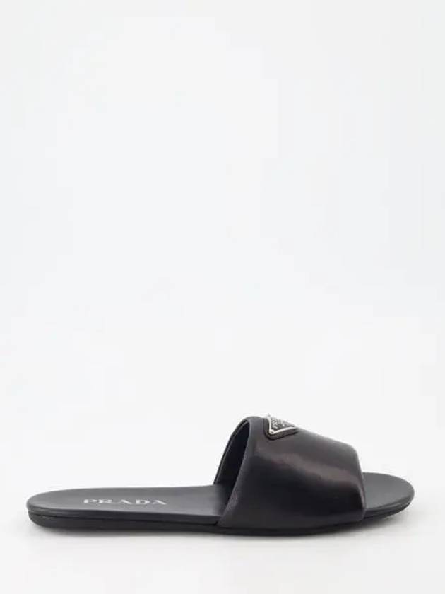 Logo Leather Slide Slippers Black - PRADA - BALAAN 2