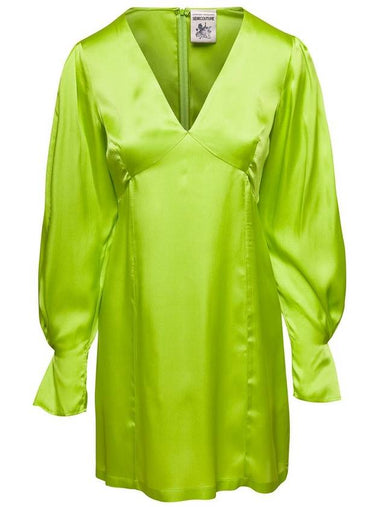 Lime Green Zoie Minidress V Neck Satin Effect In Silk Blend Woman - SEMI COUTURE - BALAAN 1